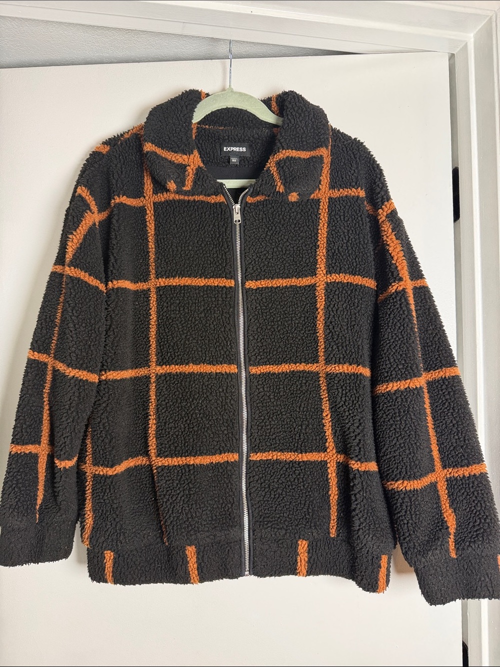 Express Black Sherpa Zip Jacket with Orangeish Brown Grid